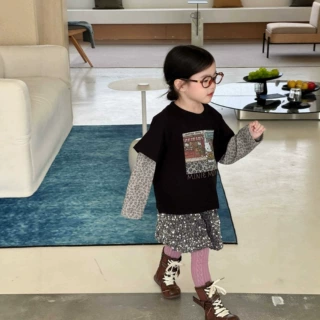 女童春秋新款T恤 卡通印花豹纹拼接假两件长袖圆领上衣2026新款