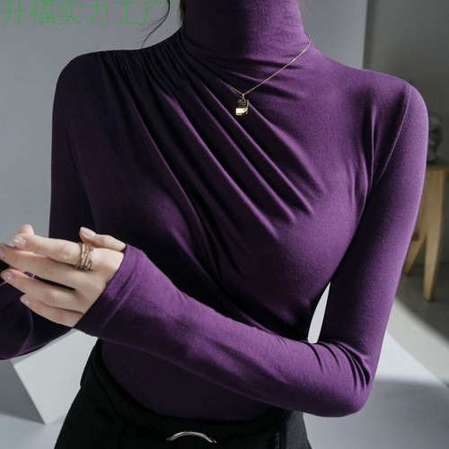 Long-sleeved bottomed shirt, women's autumn dress, semi-high collar, design, pleated, slim and thin shirt, with a foreign-style top for women