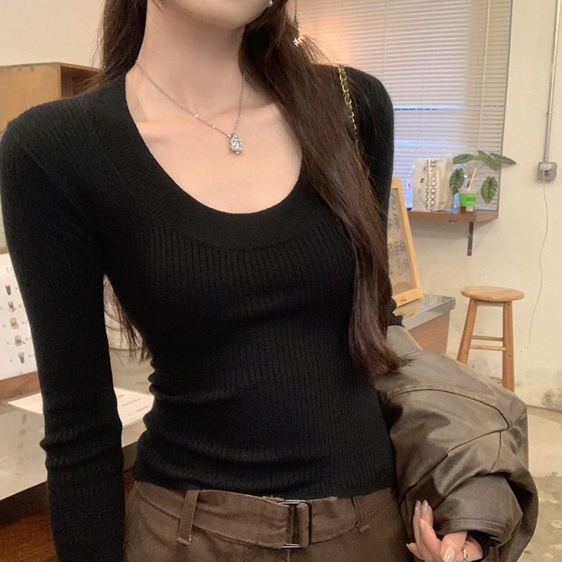 温柔韩系穿搭u领螺纹打底衫秋冬感低领修身内搭短款长袖T恤女