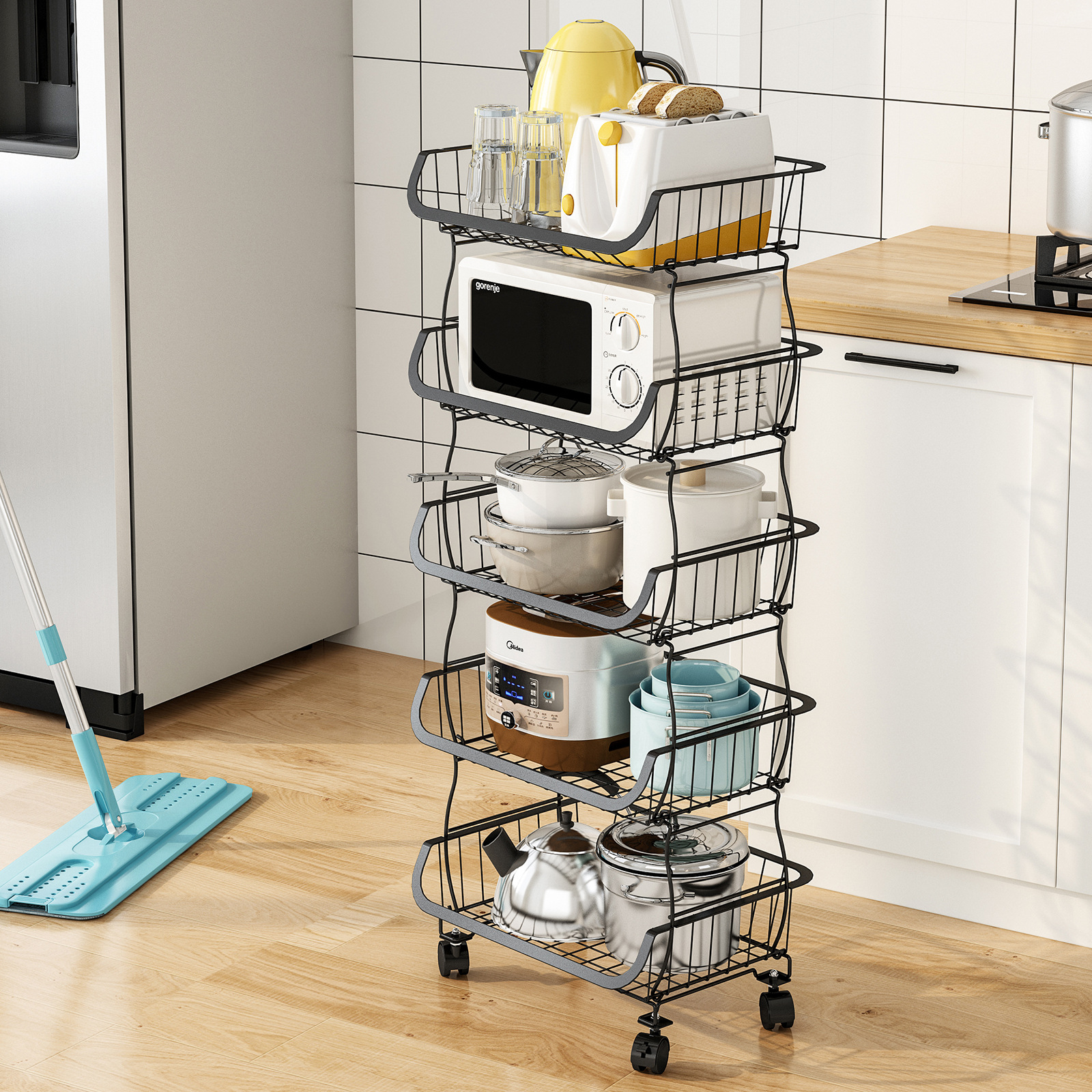 Cocina estante de almacenamiento de verduras y frutas estante de almacenamiento de carro de piso hogar móvil apilable cesta de almacenamiento de artículos diversos de verduras y frutas