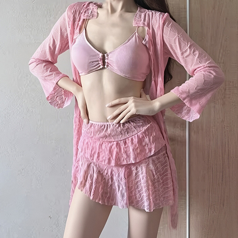 Traje de baño dividido en bikini, protector solar de manga larga de cuatro piezas para mujer, vestido de niña caliente puro, delgado traje de baño de aguas termales para mujer al por mayor