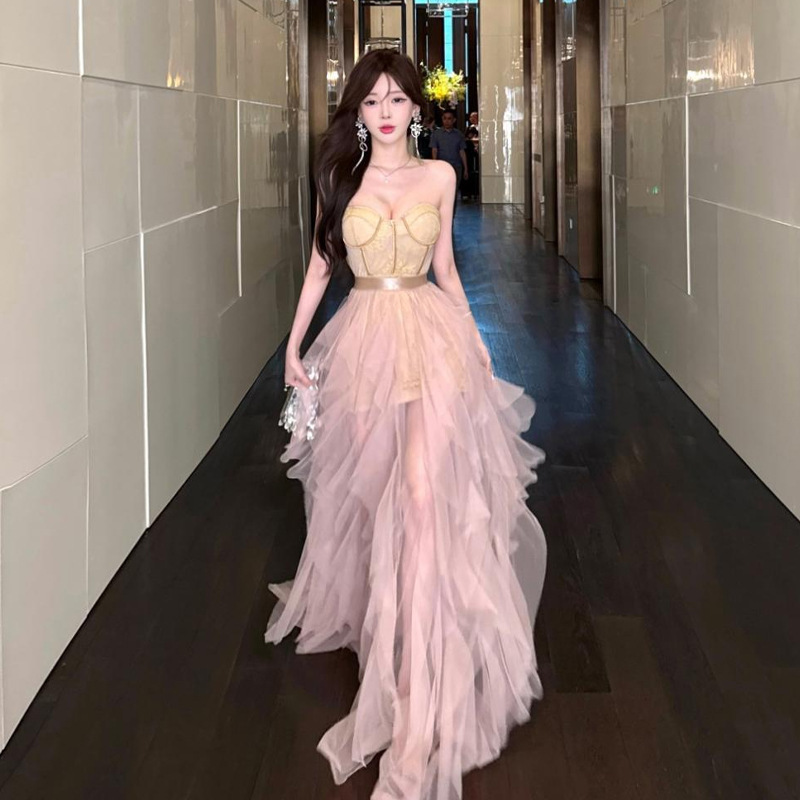 5931 Cross-Border Export Women's Clothing Wholesale Southeast Asia Tube Top French Celebrity Birthday Dress Fishbone Mesh Dress