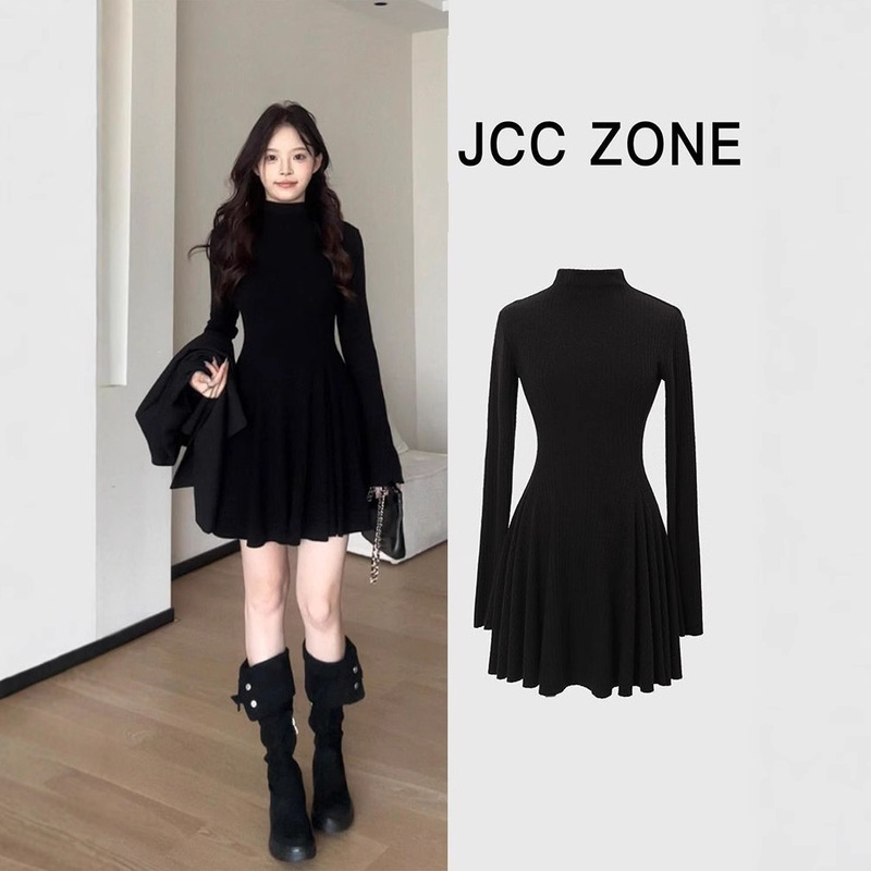 Jinchuan Chuan Liston Girl's Black High-end Half-high Collar Tight Waist Slim-fit Horn Sleeve dress