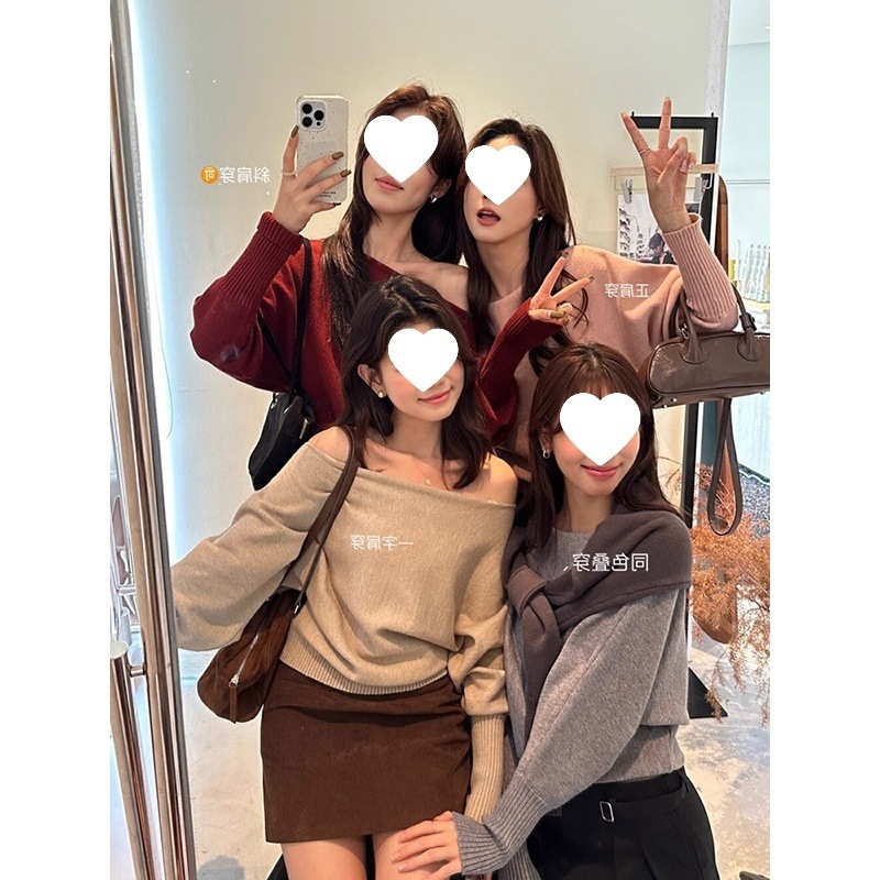 卡其色不规则气质一字领露肩针织衫女秋冬洋气别致毛衣宽松上衣女|undefined