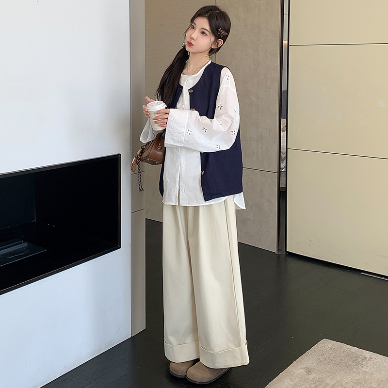 实拍现货 韩系大码时尚镂空衬衫＋牛仔马甲工装阔腿裤套装女|undefined
