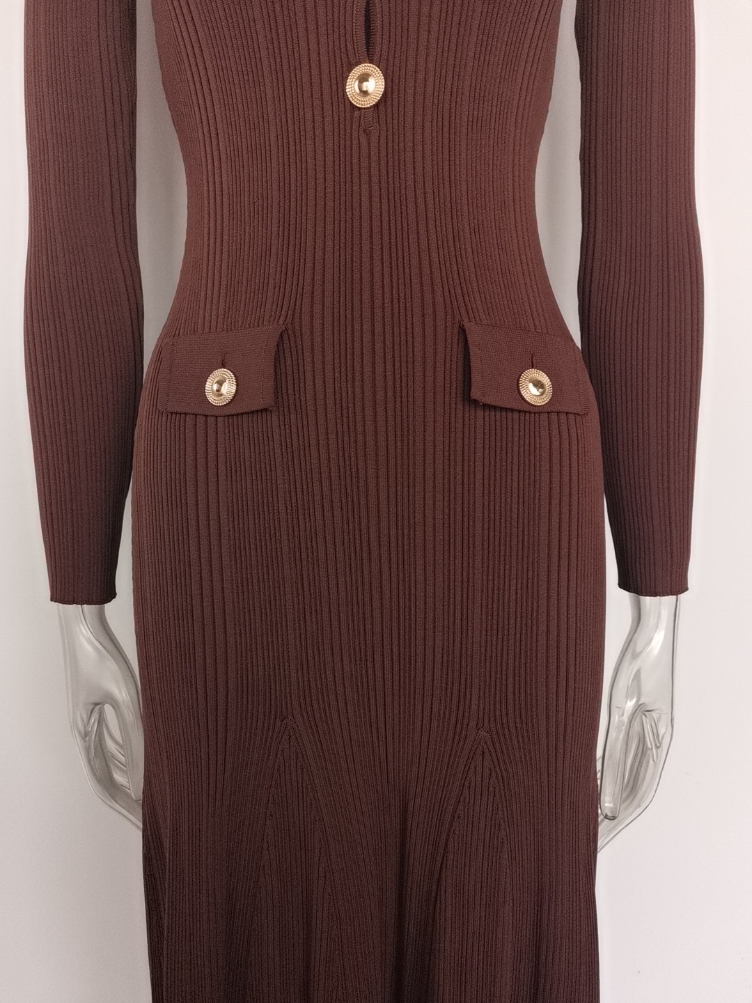 Women's Long Sleeve Blazer Collar Midi Dress Metal Buttons Rib Knit Bodycon Elegant Office Evening Wear Slip Dress_ecoleips.com