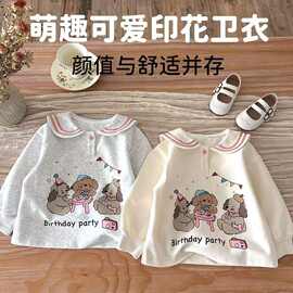 【纯棉空气层】女童春秋款卡通卫衣新款印花翻领可爱儿童套头上衣