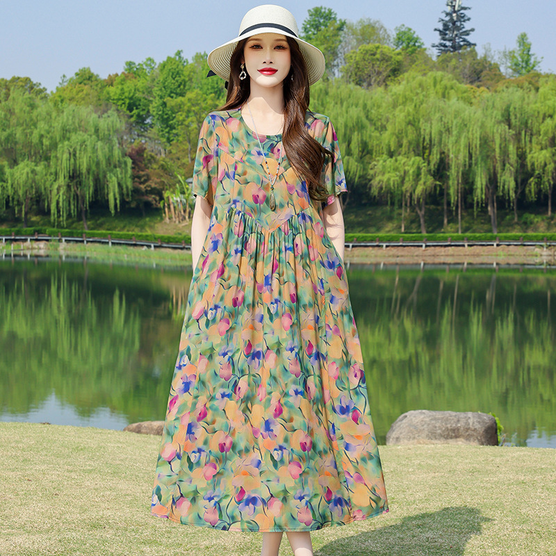 新しい夏のハイエンドコットンシルクドレス女性のミッドレングスファッショナブルなアウターウェア人工綿花柄コットンシルクスカート|undefined