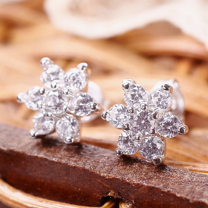 925 Silver Needle Stars Inlaid Zircon Flower Earrings Five-pointed Star Copper Earrings Women display picture 5