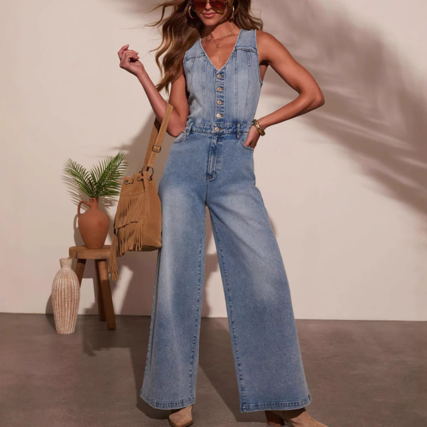 2025 Transfronterizo Amazon American Summer Nuevo estilo casual de mujer con cuello en V sin mangas mono de mezclilla mujer