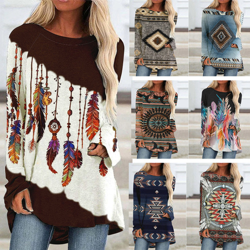 Spring and Autumn Amazon Western Style 3D Digital Print Women's Mid-length Irregular Hem Long-sleeved T-shirt—European and American Style