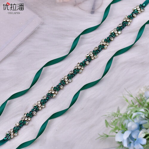 Youlapan versatile large windbreaker lace-up rhinestone waist dark green catwalk dress belt Hanfu accessories S437
