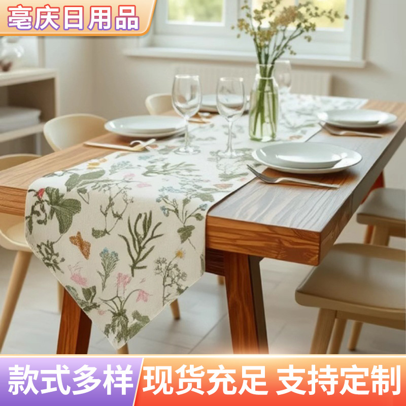 桌旗外贸跨境热卖春季亚麻桌布客厅派对餐桌装饰桌旗花朵印花桌旗