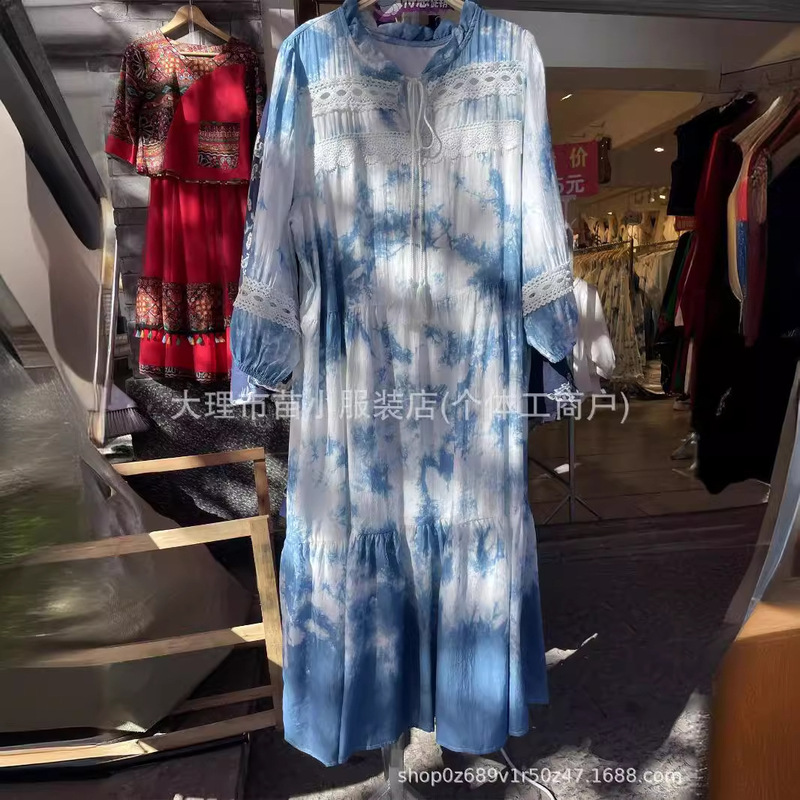 Spring, Summer and Autumn New Casual Tea Clothes Handmade Tie-dye Dress Women's Literary Loose Version Slimming Look Length Fake Beach Skirt