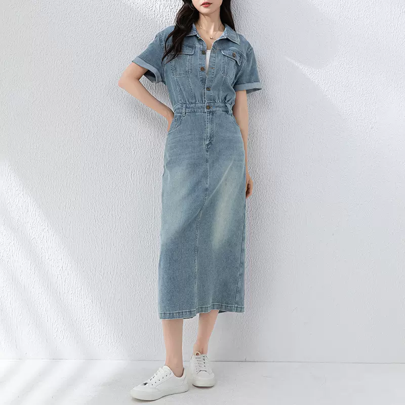 鑫阁 复古港风牛仔裙2024夏季新款透气天丝麻收腰显瘦连衣裙