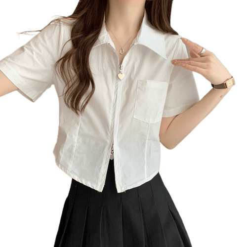 Blue Women's 2025 Summer Collar Double-headed Heart Zipper Design Fashion Fitted Short-sleeve Shirt