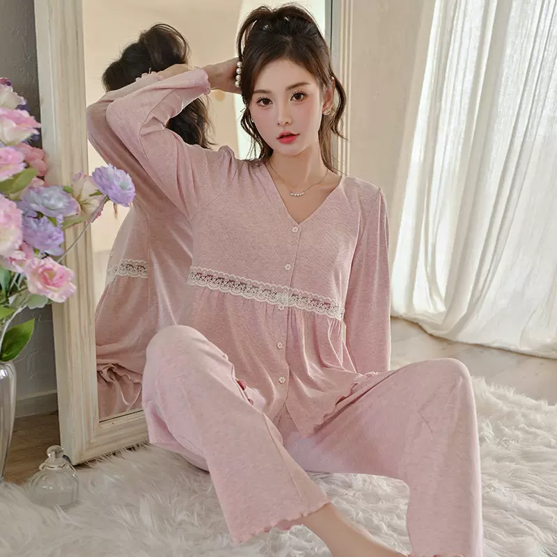 逸尔乐绵绸睡衣女春秋长袖高级感纯欲风蕾丝花边性感家居服三件套