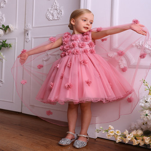 Girls Princess Dress Cloak Tail Flower Mesh Birthday Party Piano Performance Children's Dress