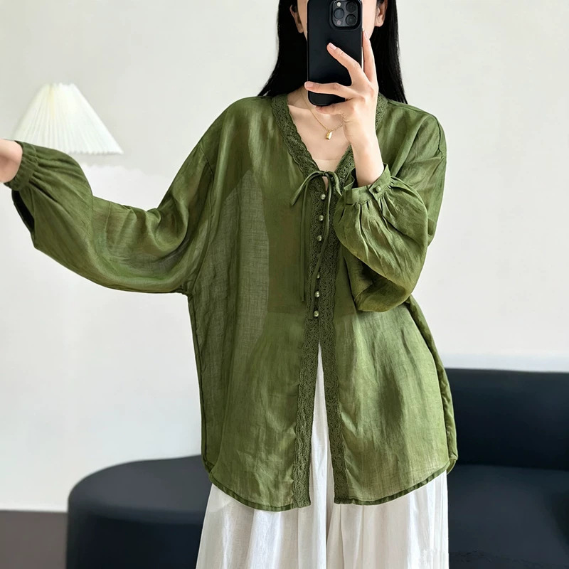 Ramie lace V-neck shirt for women, summer loose lantern sleeve sun protection cardigan, artistic thin style with tie, ramie top Ramie lace V-neck shirt for women, summer loose lantern sleeve sun protection cardigan, artistic thin style with tie, ramie top