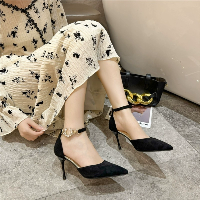 Французские туфли на высоком каблуке 2025, новые замшевые босоножки с ремешком на щиколотке, однорядная пряжка, стразы, сексуальные элегантные женские туфли