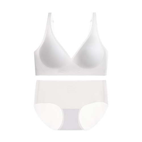 French nude seamless underwear for women without steel rims deep V thin comfortable small breast push-up adjustable bra set