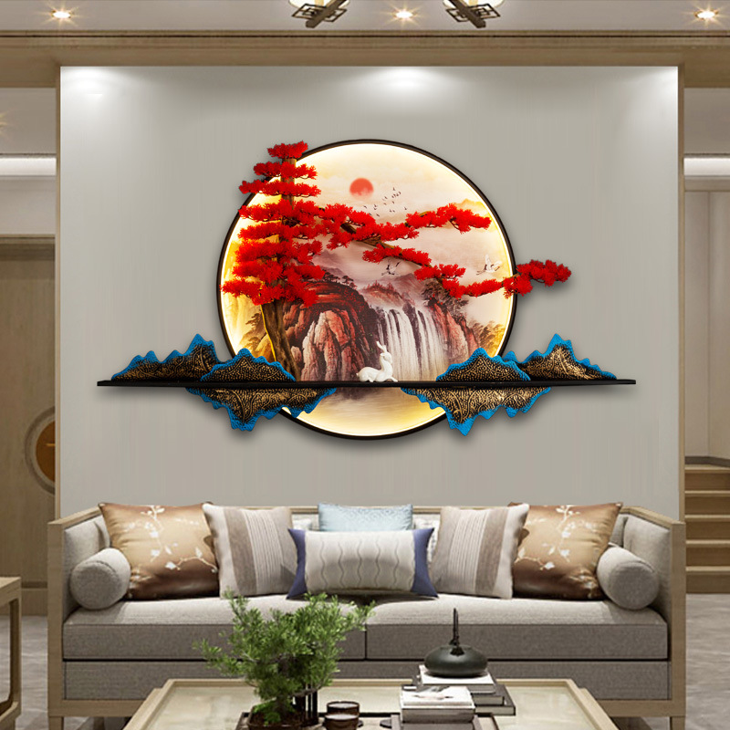 新中式壁画沙发背景墙装饰画客厅挂画玄关迎客松挂件餐厅山水圆形