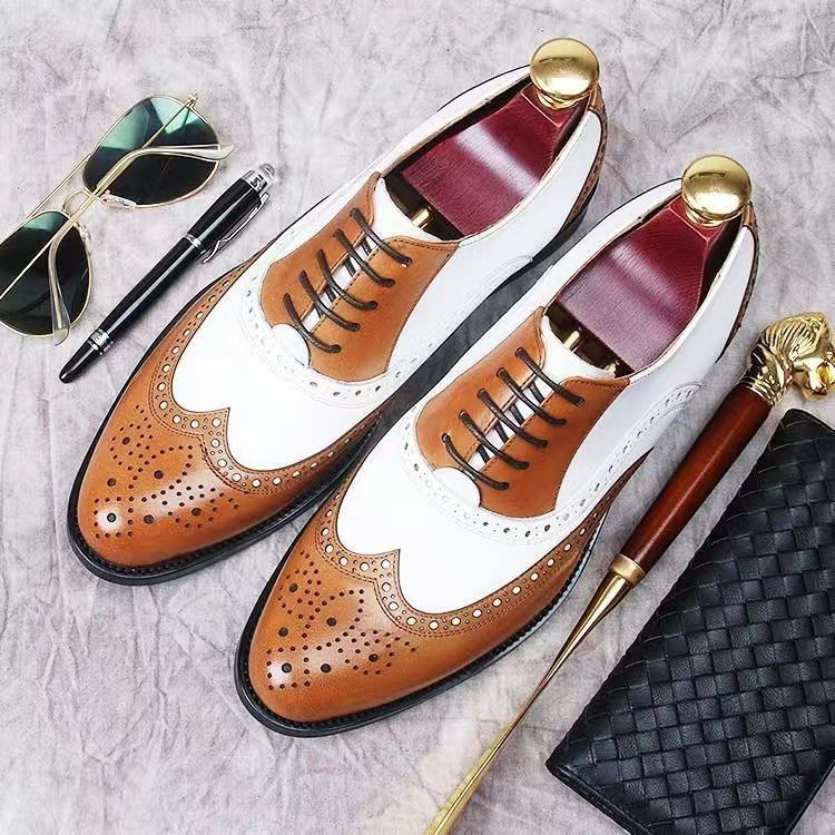 Cross-Border Men's Shoes New Brogue Carved Large Size Color Matching Trendy Versatile Young Men's Business Formal Leather Shoes for Men
