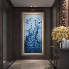 玄关装饰画孔雀壁画美式油画客厅欧式走廊挂画竖版现代简约过道画