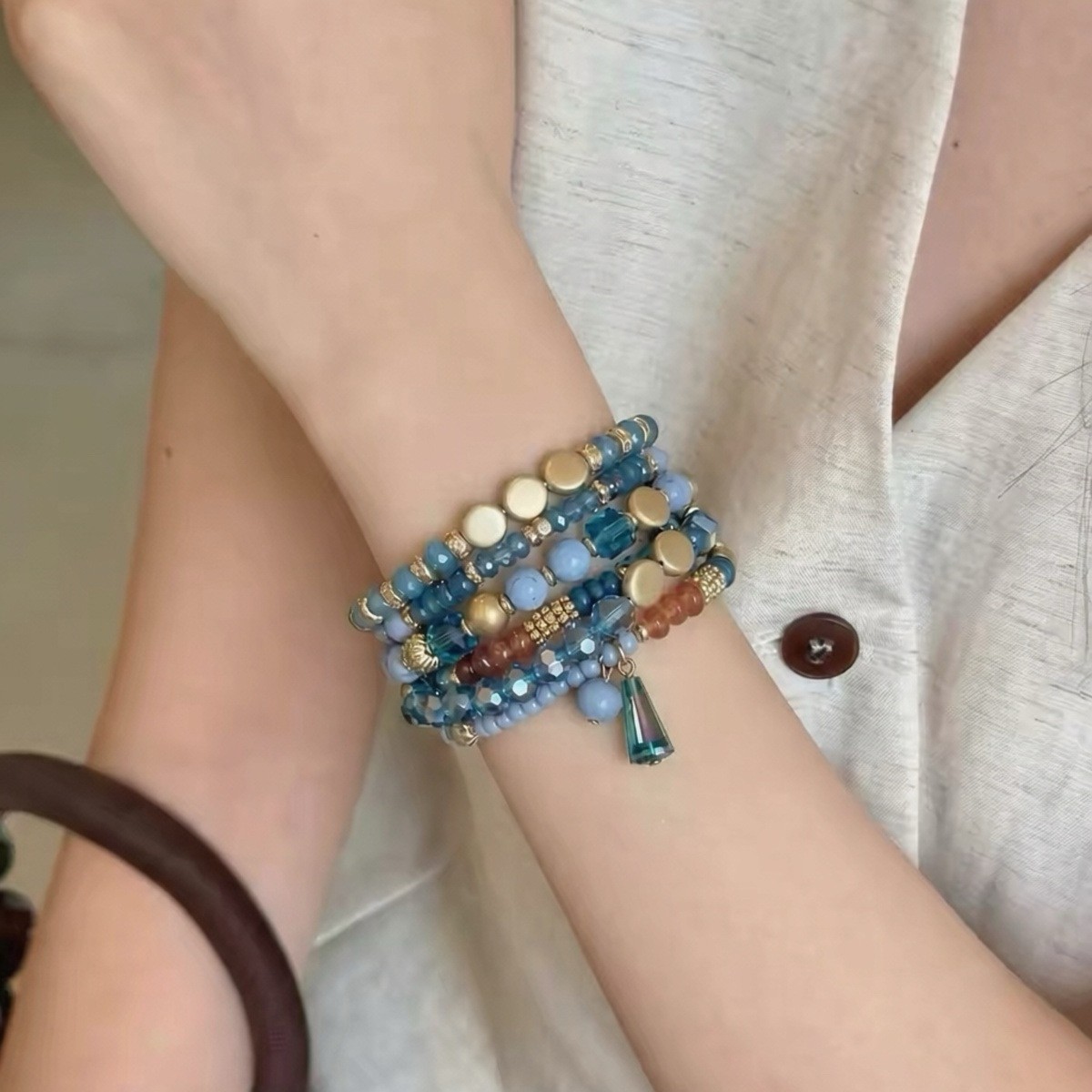 Peacock Blue Beaded Stacking Bracelet (Alloy Material)