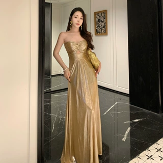金色抹胸褶皱镂空连衣裙女法式名媛宴会晚礼服性感长裙纯欲生日裙