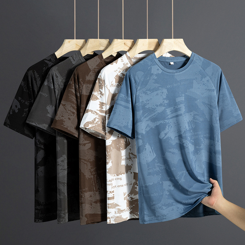 Camiseta de hielo transfronteriza de manga corta para hombres verano 2025 nueva ropa de secado rápida suelta para hombres camiseta de base de media manga grande