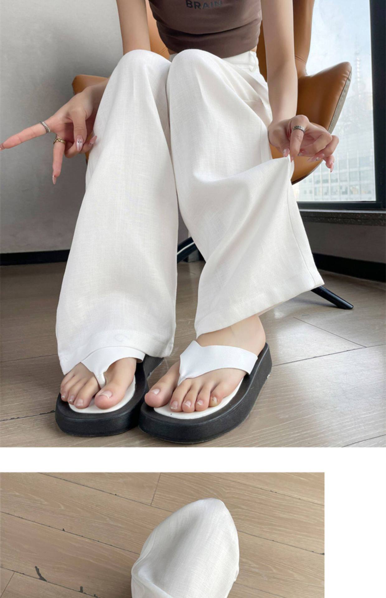 Quần culottes nữ ống rộng cạp cao vải linen cotton mỏng mùa hè — Màu đen thông thường chi tiết 27