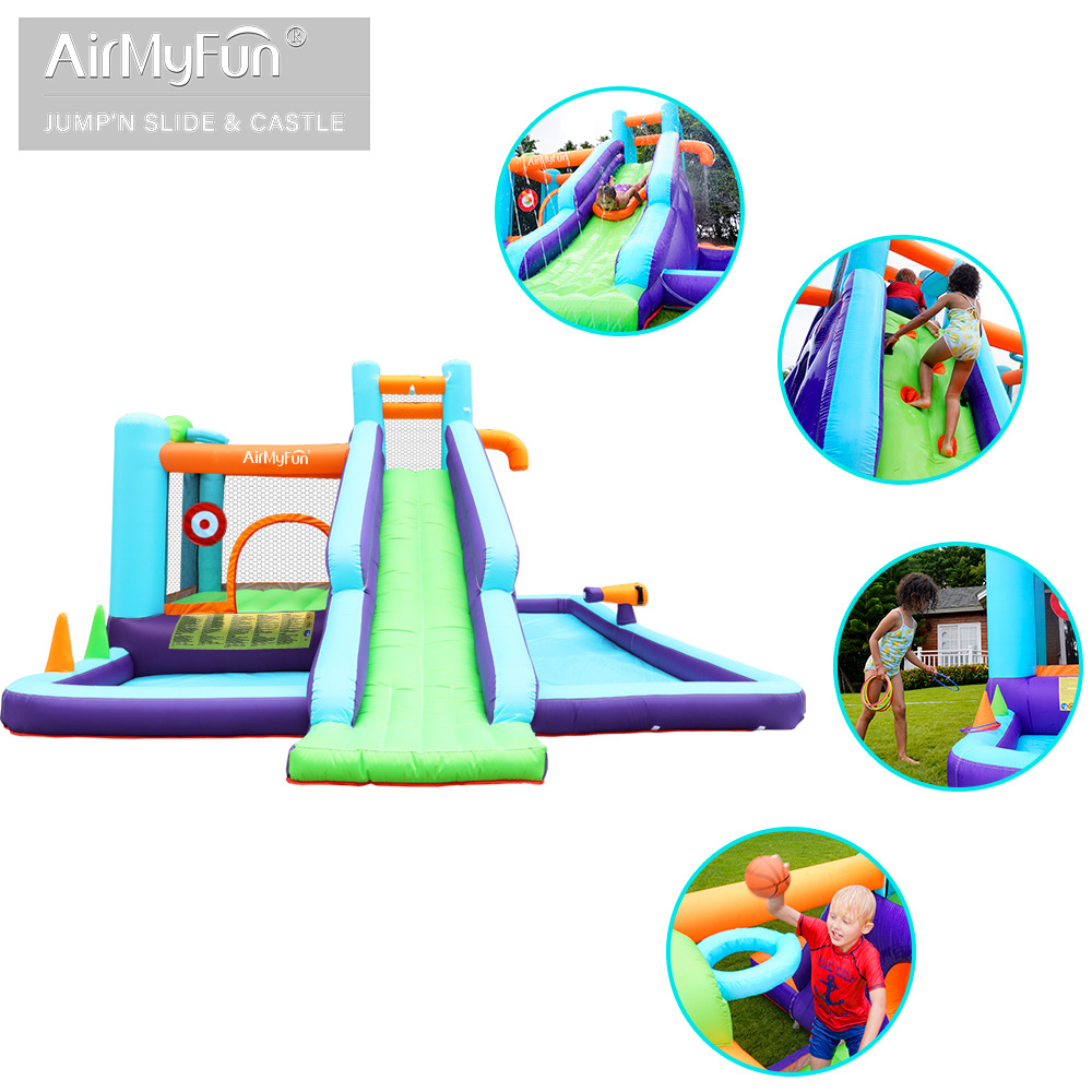 Castillo inflable con rociador de agua AMF para uso doméstico, tobogán inflable interior para niños, trampolín inflable pequeño con rociador de agua