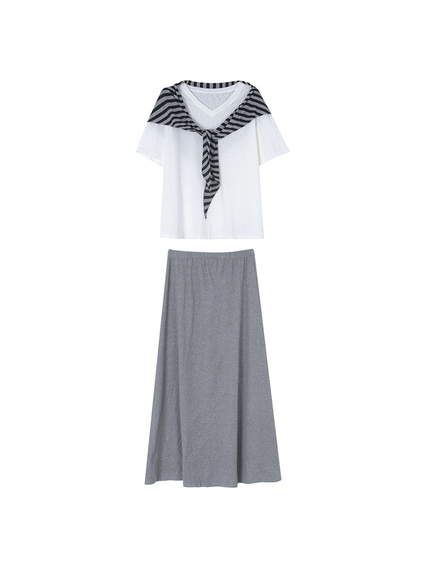 【ロンドンモーニングレッスン】Geming韓国通勤Tシャツ+Aラインスカート+ストライプショール3点セット N393C|undefined