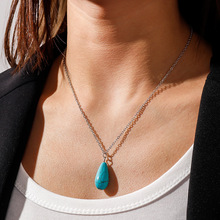 欧美跨境热销饰品椭圆形吊坠松石项饰天然石头项链简约毛衣链