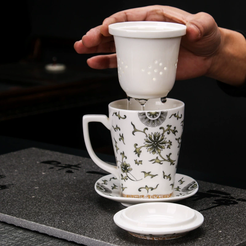 Blue and white tea cup, ceramic set for office, 4 piece set
