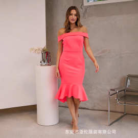 一字肩鱼尾裙定制 欧美女装新款sexydress dress女装club