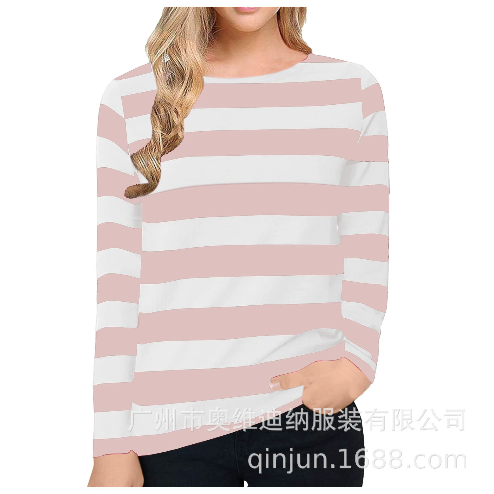 20224 трансграничный новый женский стиль в полоску с принтом свободного с длинными рукавами футболки женские топы женской одежды