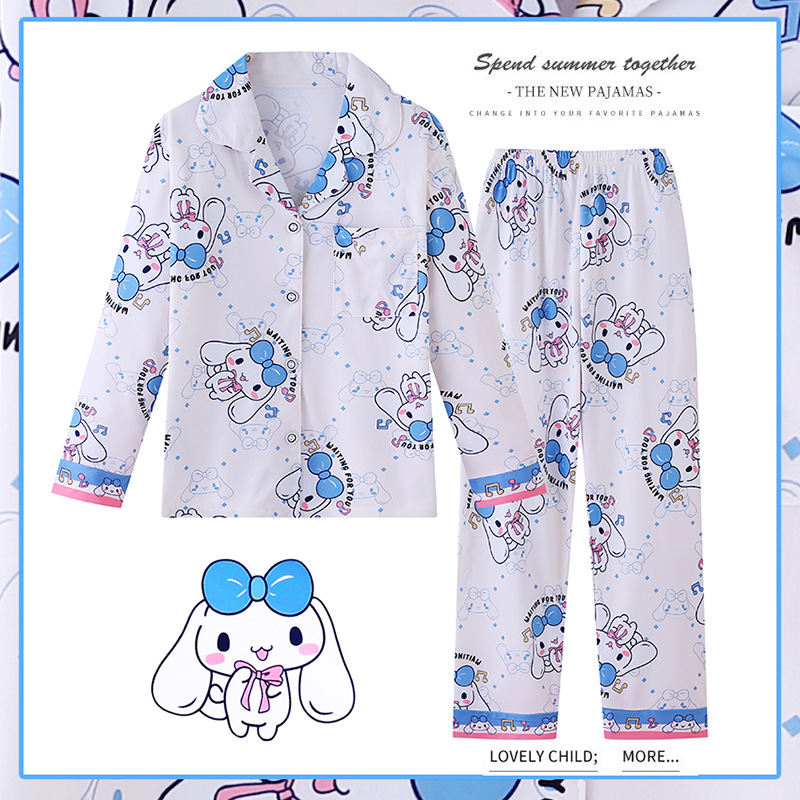 Pijamas para niños del sudeste asiático para niños de primavera y otoño para niñas de manga larga y solapa fina de dibujos animados LABUBU traje de otoño para niños grandes