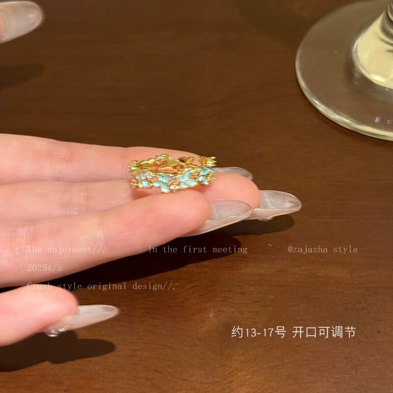 温柔绽放~鸢尾蝴蝶锆石开口戒指女款中古小众设计食指戒时尚指环|undefined