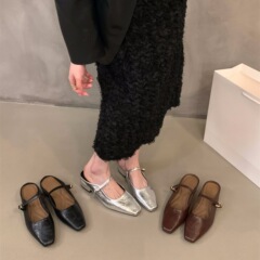 フランスの太さと銀色の包頭の半スリッパの女性の靴は2025新型の春の夏のメアリー珍の半托の靴を履いています。