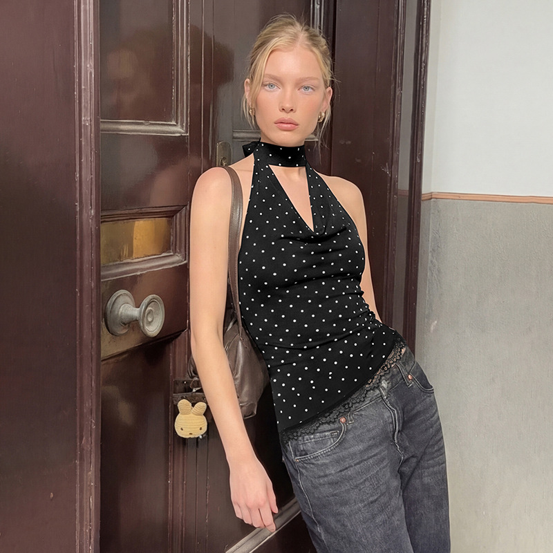 European And American Women's Clothing 2026 Summer New Fashion Polka Dot Lace Slim-fit Versatile Backless Strap-up Tube Top_ecoleips.com