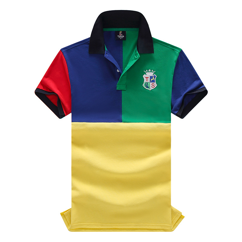 Algodón suelto tamaño europeo bordado marca de moda contraste color polo camiseta de manga corta de los hombres tendencia personalidad contraste color comercio exterior nuevo