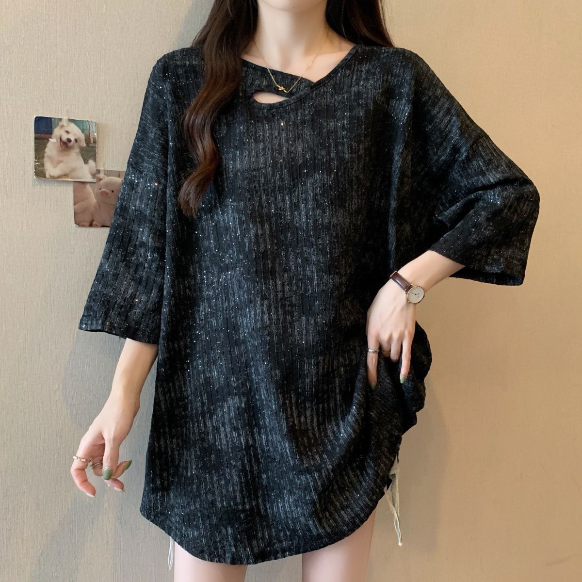 Camiseta de manga corta con teñido anudado irregular de gran tamaño mm gordo para mujer, verano nuevo estilo suelto y delgado, top de longitud media para mujer