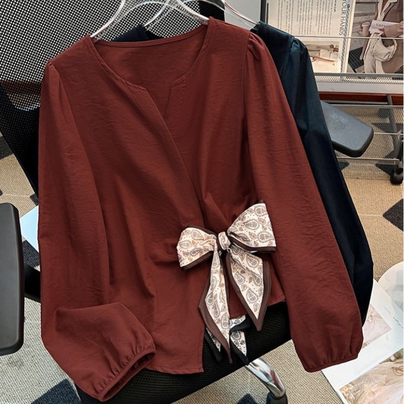 Plus Size Round Neck Long-Sleeved Shirt for Women, Fat Girl's Casual Age-Reducing Top That Covers the Flesh and Looks Slimming