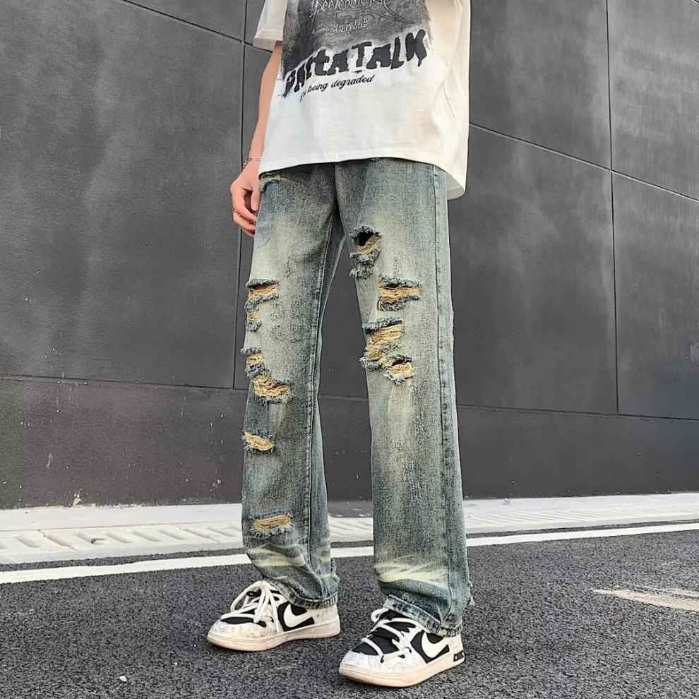 boy Ripped Jeans For Men, Trendy Brand, European And American Street Style Pants, Vintage High Street, Distressed Washed_viptrois.com