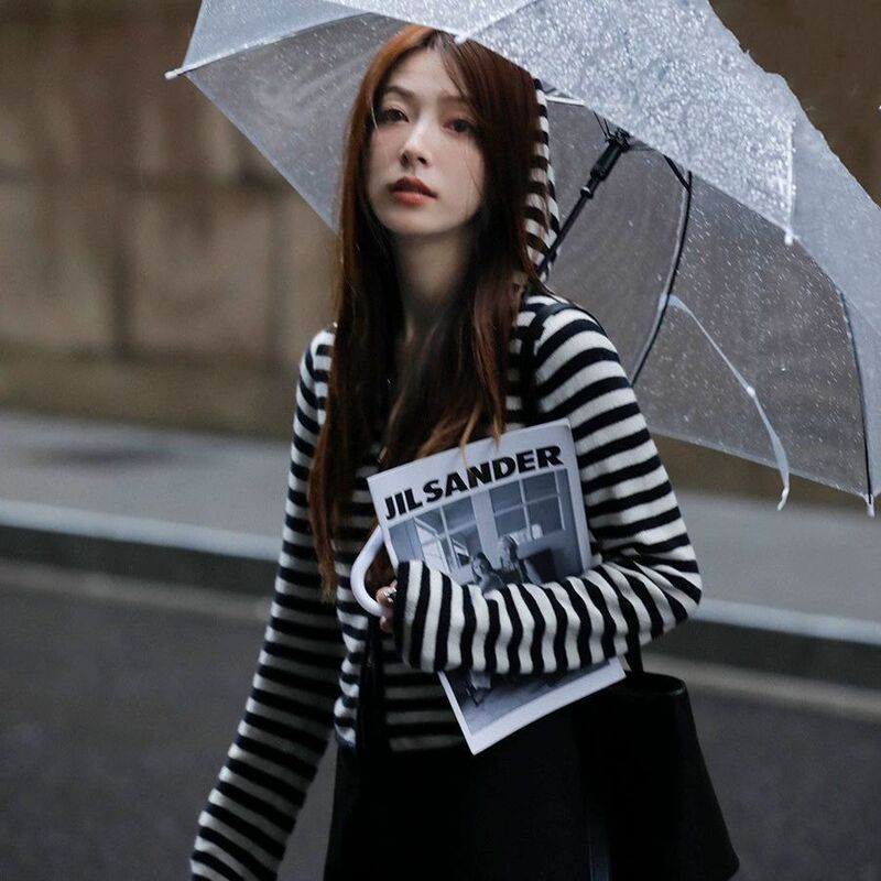 Spring and Autumn hooded new wool cardigan women's loose slimming striped zipper sweater coat sweater short sweater