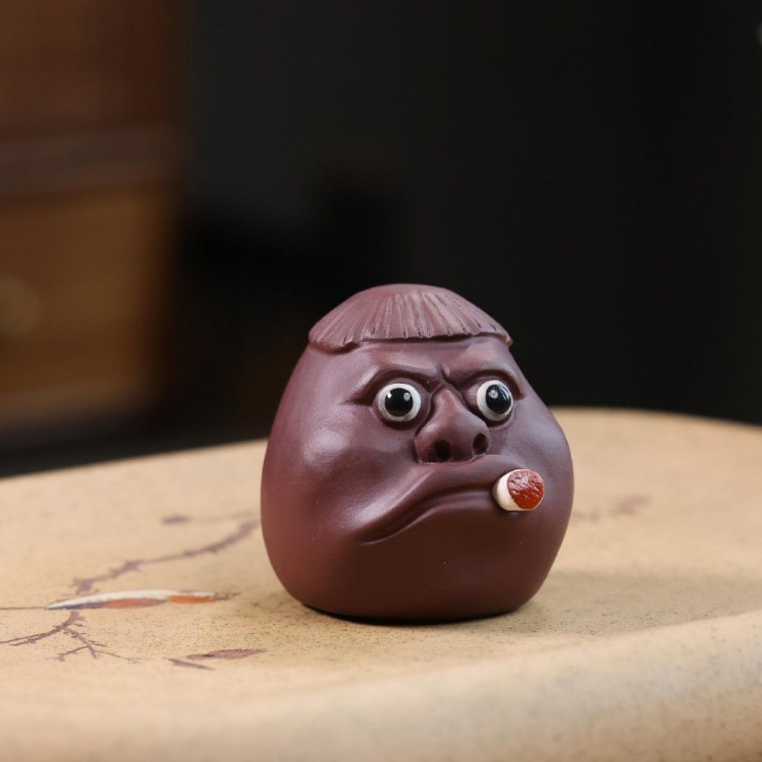 紫砂茶宠抽烟人头表情包手工精品可养创意工艺品桌面茶桌摆件茶玩