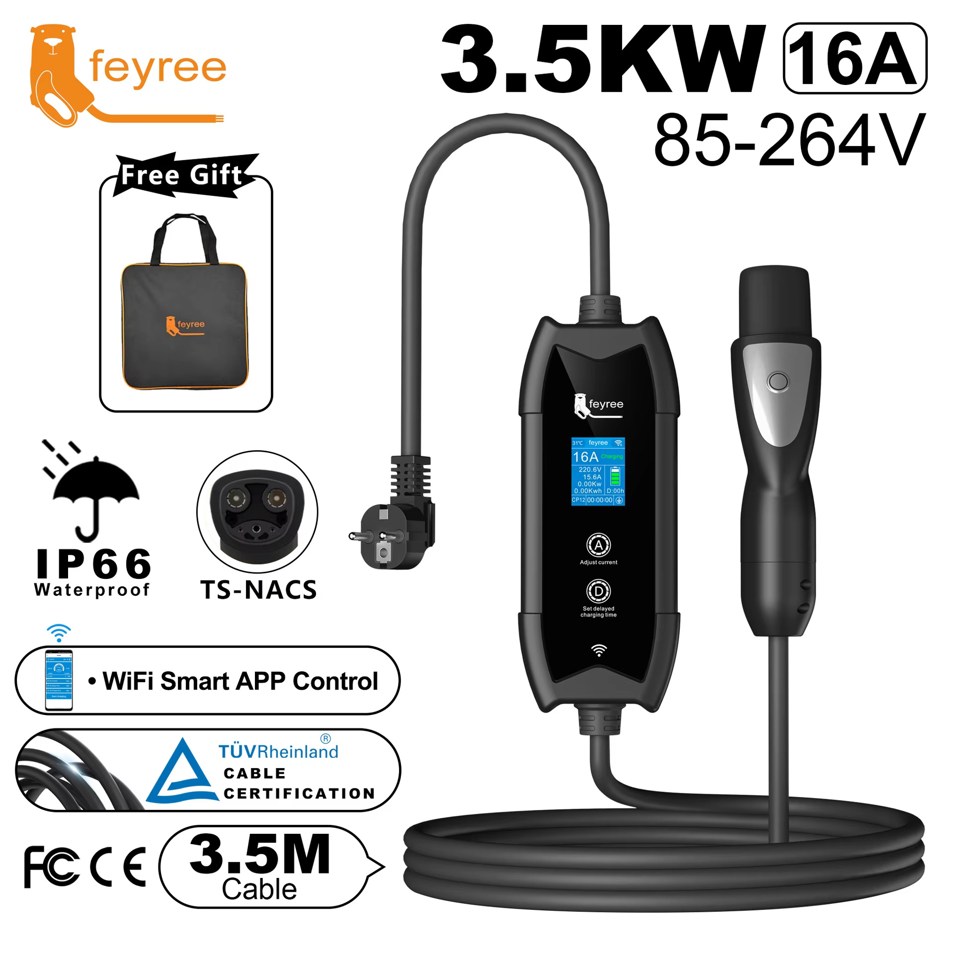 Feyree特斯拉标随车充3.5kW带APP蓝牙多功能交流家用充电枪