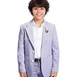 新款速卖通儿童西装套装泡泡纱条纹男孩休闲修身套装男孩西服演出